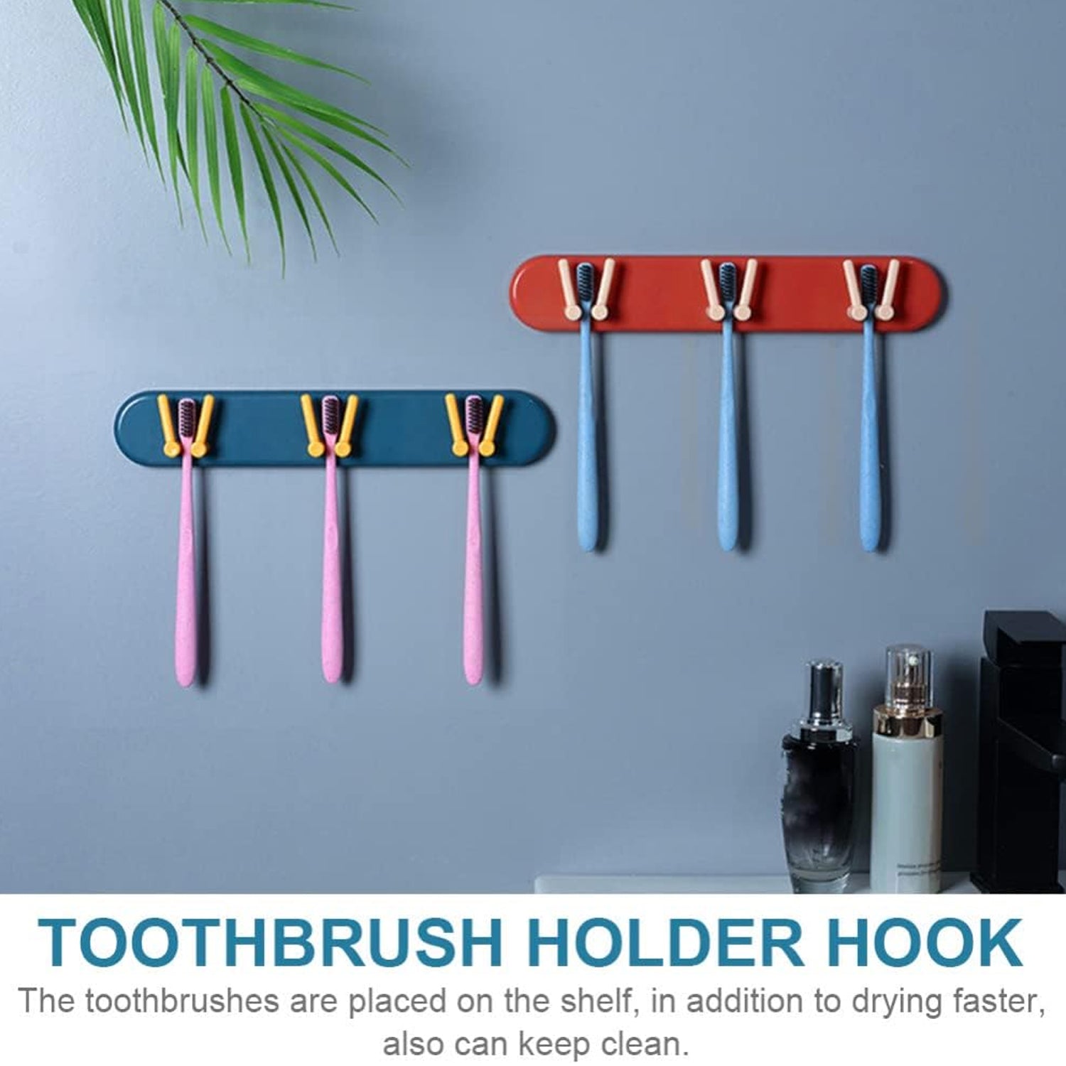 Wall-mounted toothbrush holder with compartments and hooks for bathroom use. Wall-mounted toothbrush holder with compartments and hooks for bathroom use.